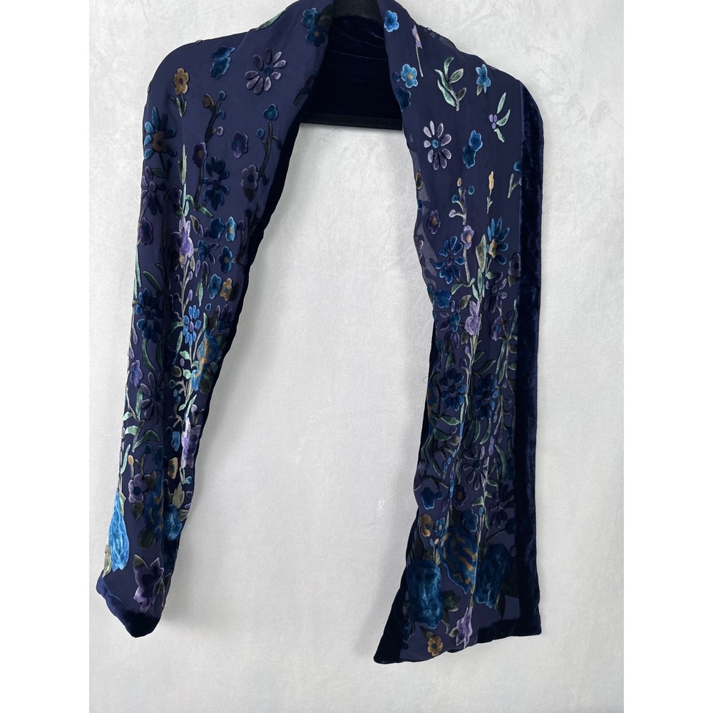 Lord & Taylor Navy Blue Silk Velvet Burnout Floral Devore Scarf Wrap Rectangular - Picture 5 of 7